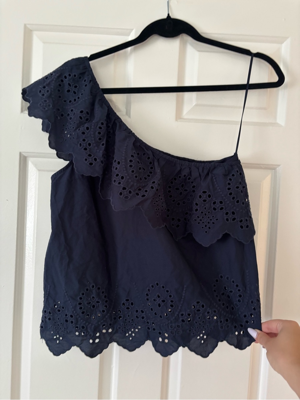 Abercrombie & Fitch Navy One-Shoulder Eyelet Ruffle Top - Size S - Like New